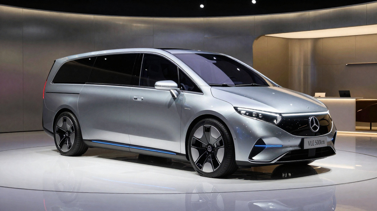 Van Mercedes-Benz VLE 500 elétrico prata em exposição sob luzes brancas em ambiente moderno