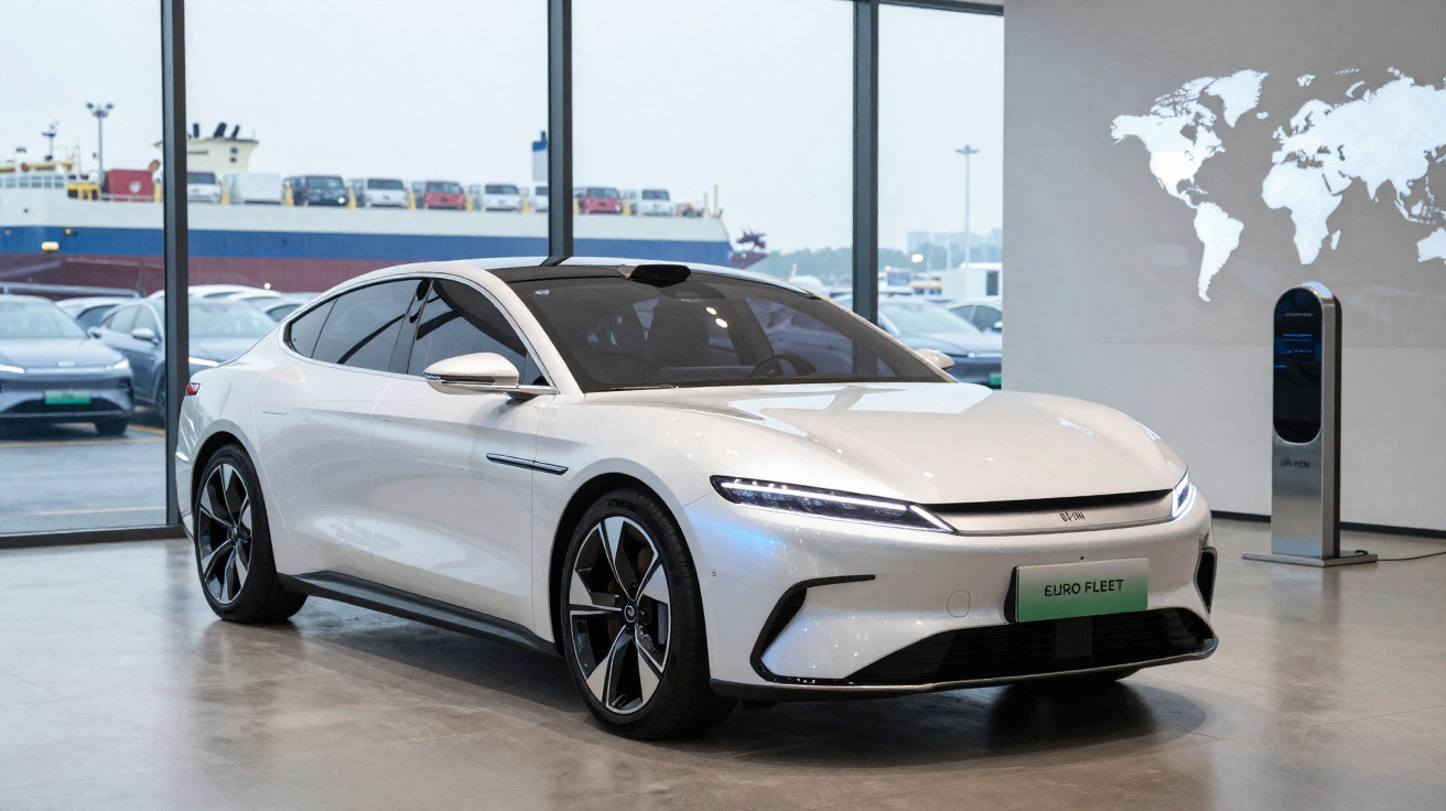 Carro elétrico branco moderno em showroom com janelas grandes e imagem de mapa-múndi ao fundo.