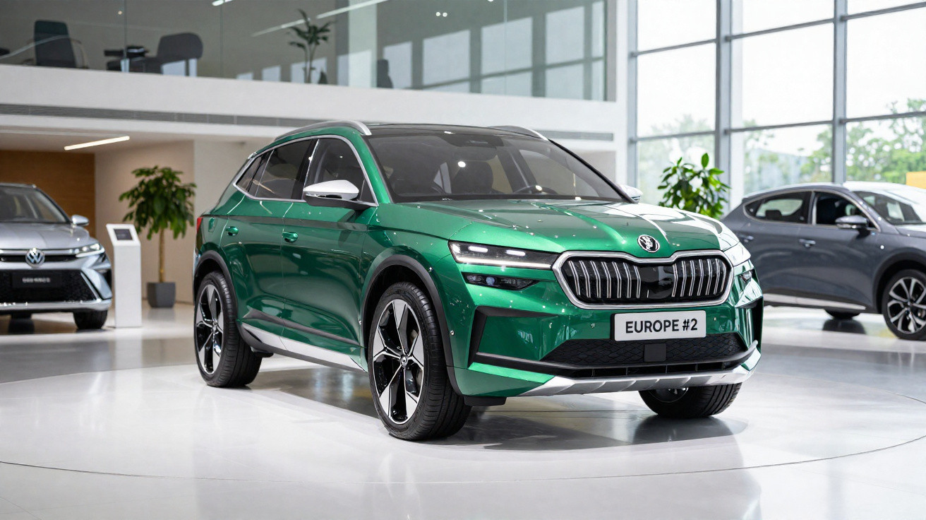 SUV verde Škoda Europe #2 exposto em showroom moderno com vidro e outras motos ao fundo.