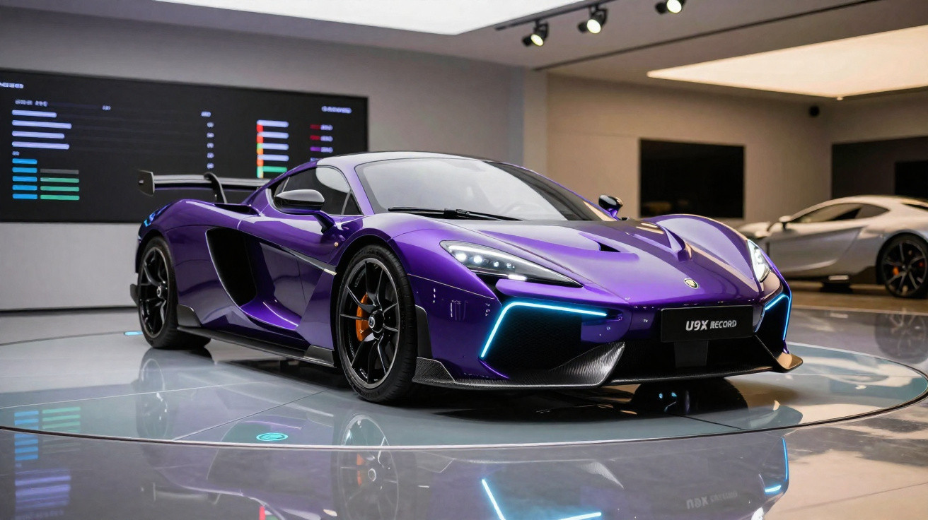 Carro esportivo roxo McLaren U9X Record exposto em showroom moderno com luzes refletindo no piso.