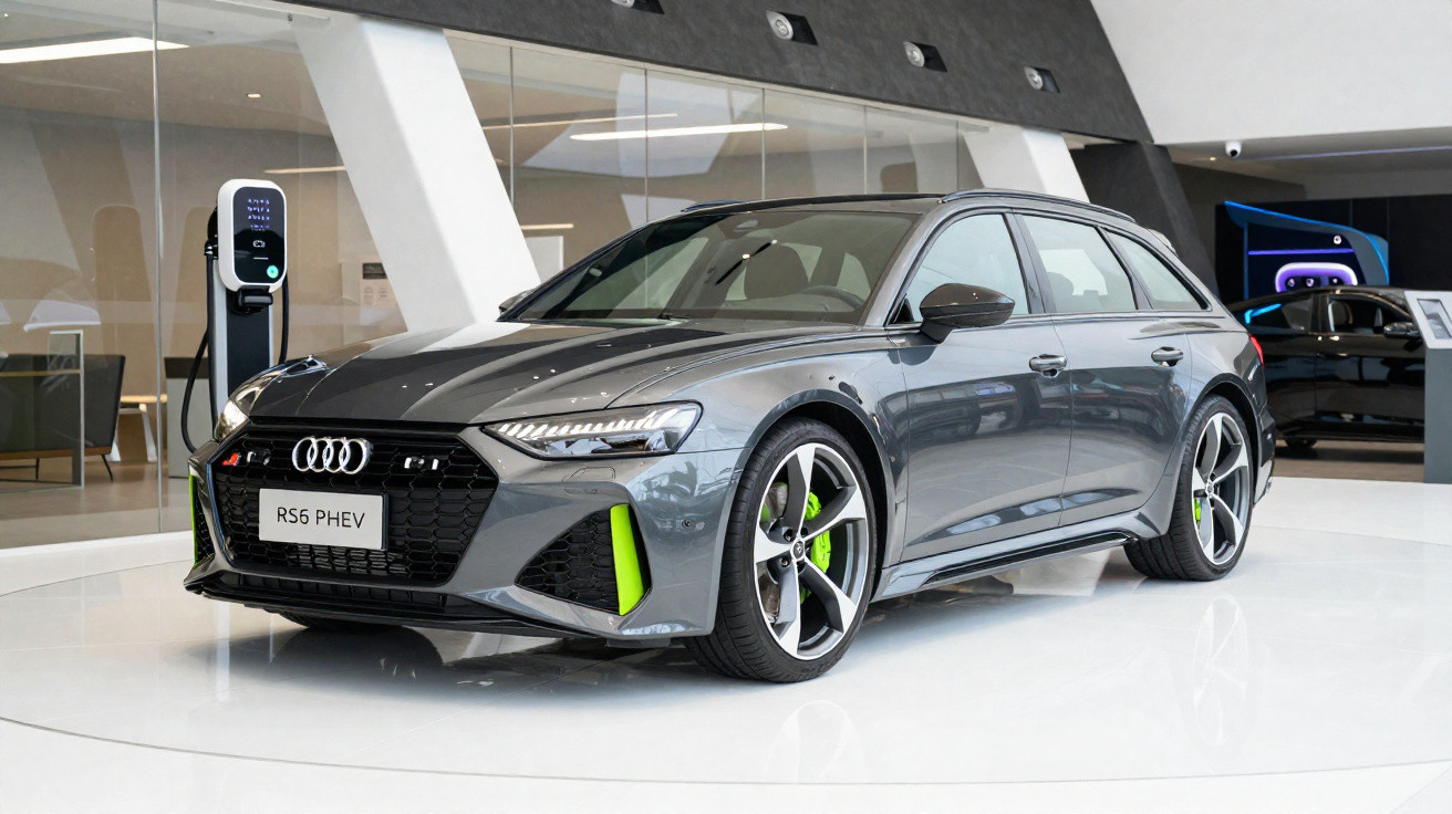 Audi RS6 PHEV cinza estacionado em showroom moderno com carregador elétrico ao fundo.