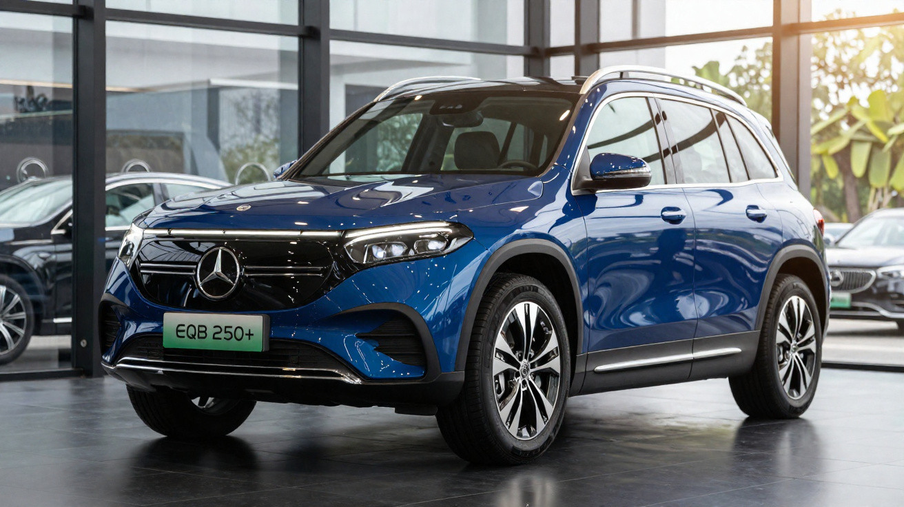 Carro SUV elétrico Mercedes-Benz EQB 250+ azul em showroom com iluminação natural e teto panorâmico preto.