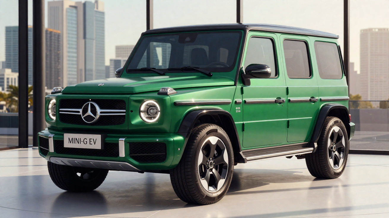SUV Mercedes-Benz verde elétrico modelo MINI-G EV estacionado em ambiente urbano moderno.
