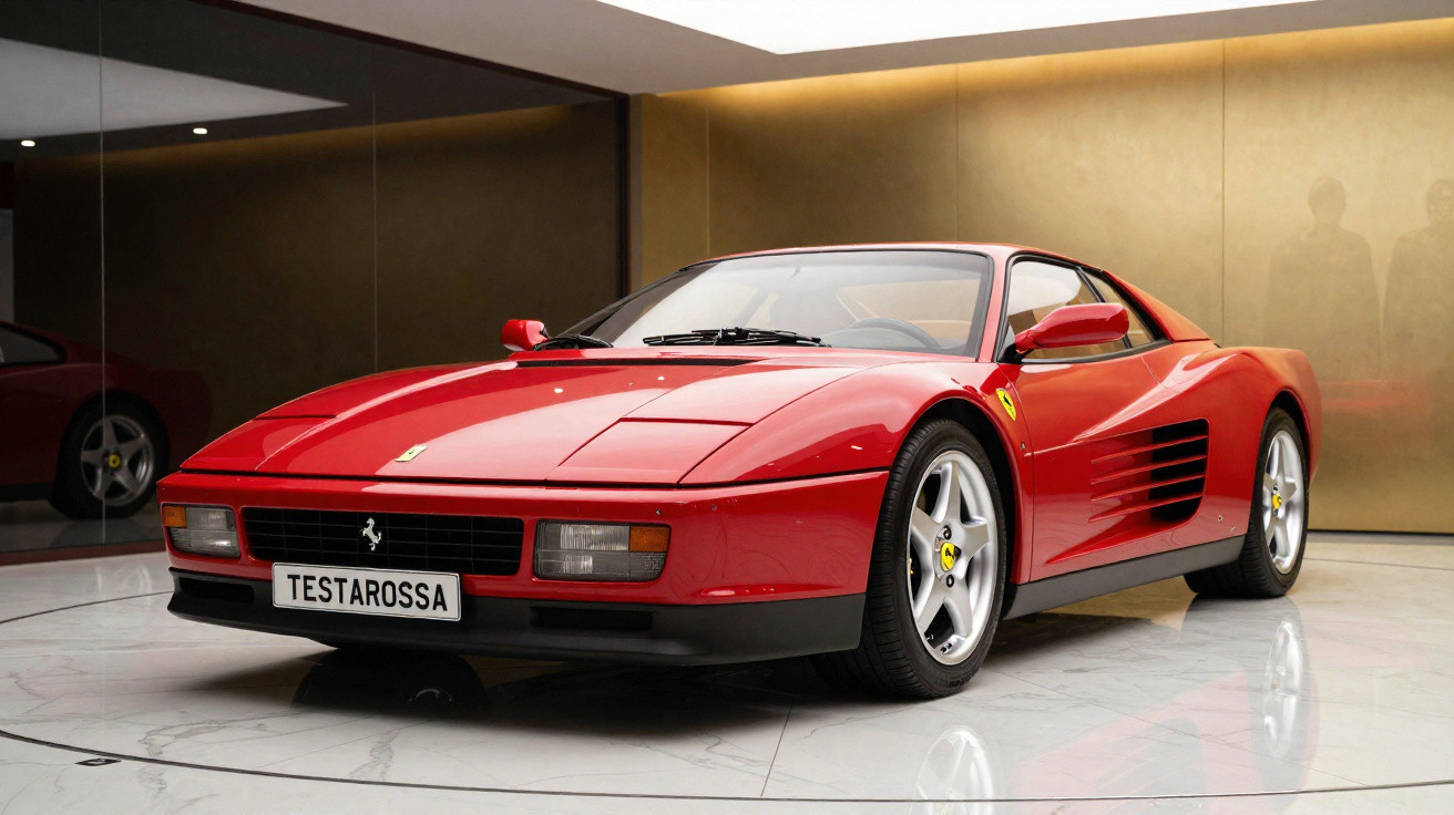 Carro esportivo Ferrari Testarossa vermelho estacionado em ambiente interno moderno e iluminado.