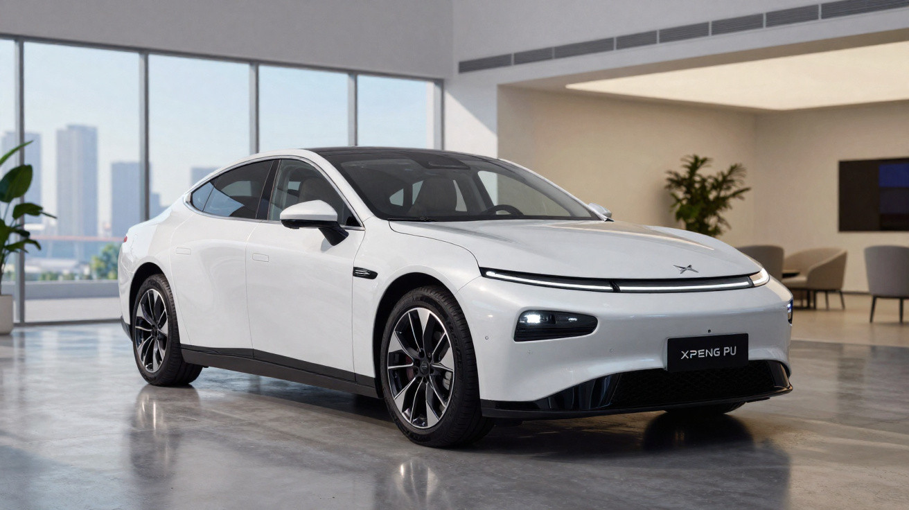 Carro elétrico branco XPeng P7 estacionado em ambiente interno moderno e iluminado.