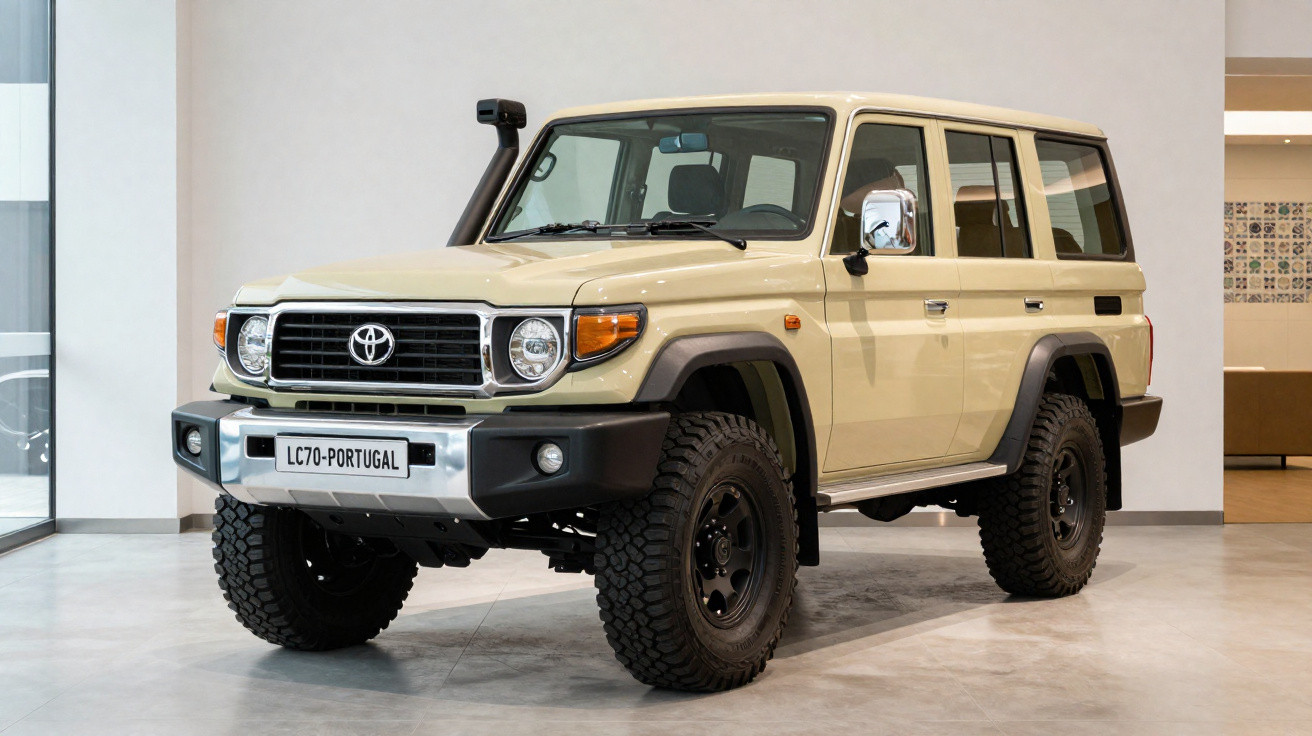 SUV Toyota Land Cruiser LC70 antiga geração em bege estacionada em ambiente interno iluminado.