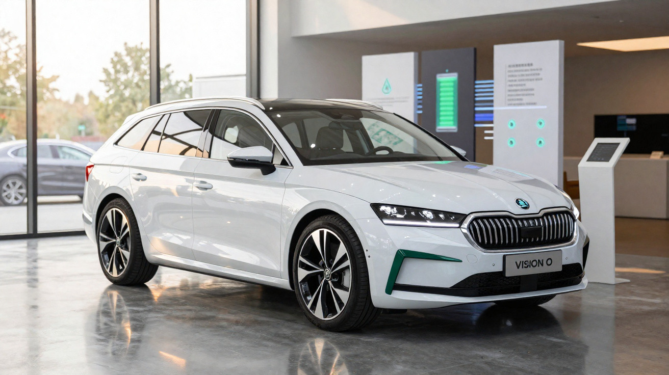 Carro branco elétrico Skoda Vision 0 em exposição interna com piso refletivo e painéis informativos ao fundo.
