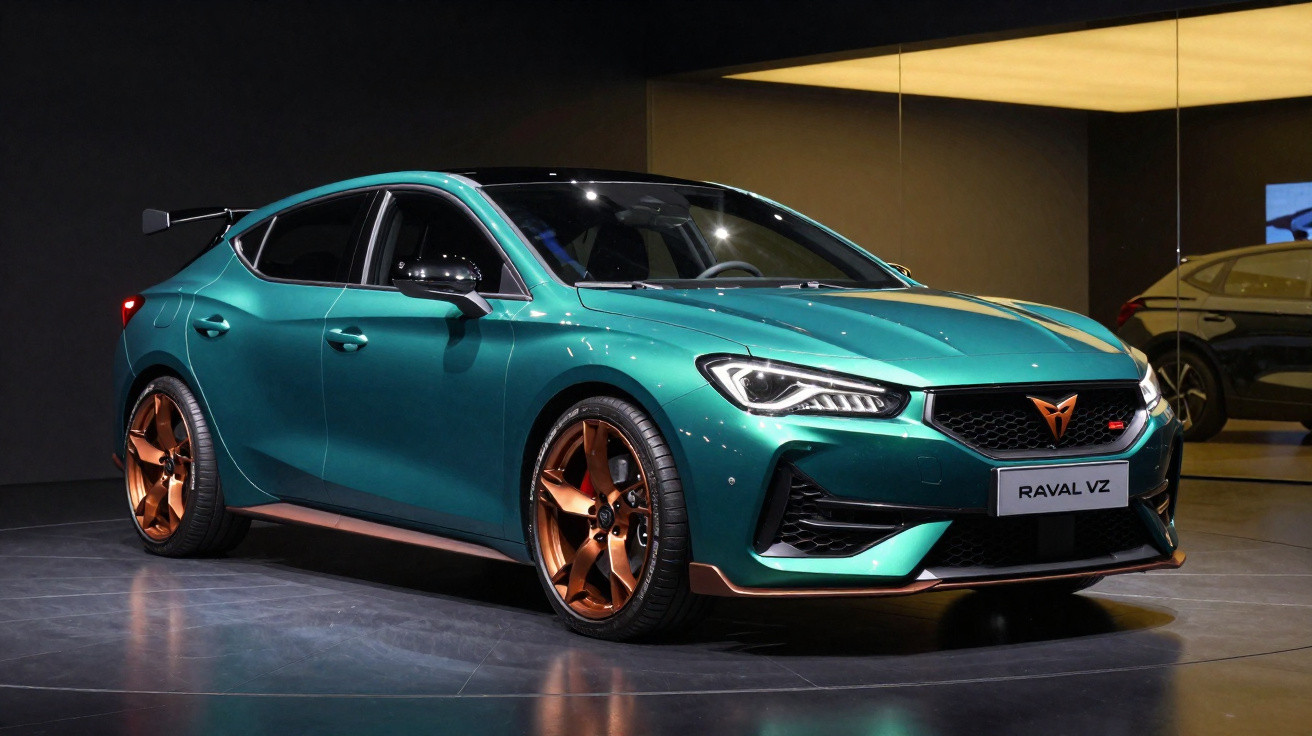 Carro esportivo verde com rodas douradas e spoiler traseiro exposto em ambiente interno iluminado.