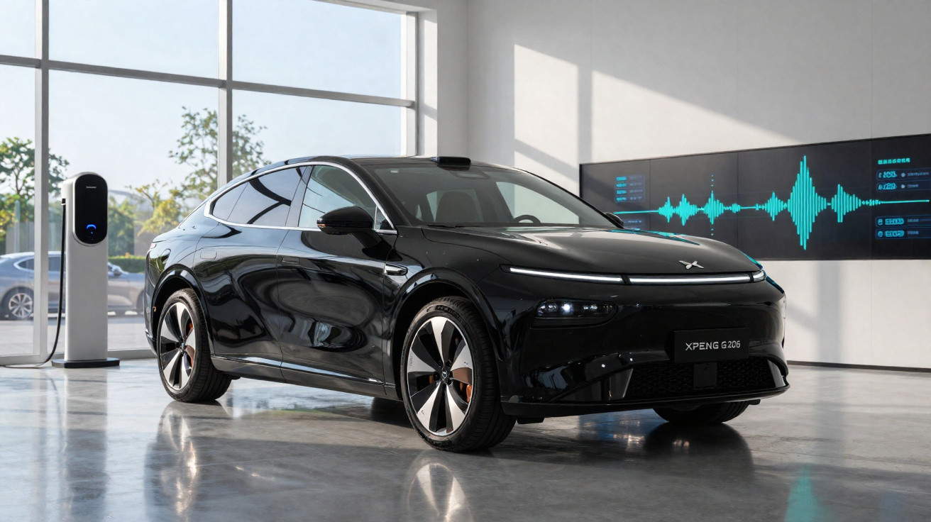 Carro elétrico preto XPENG G20S conectado a carregador em ambiente interno moderno.