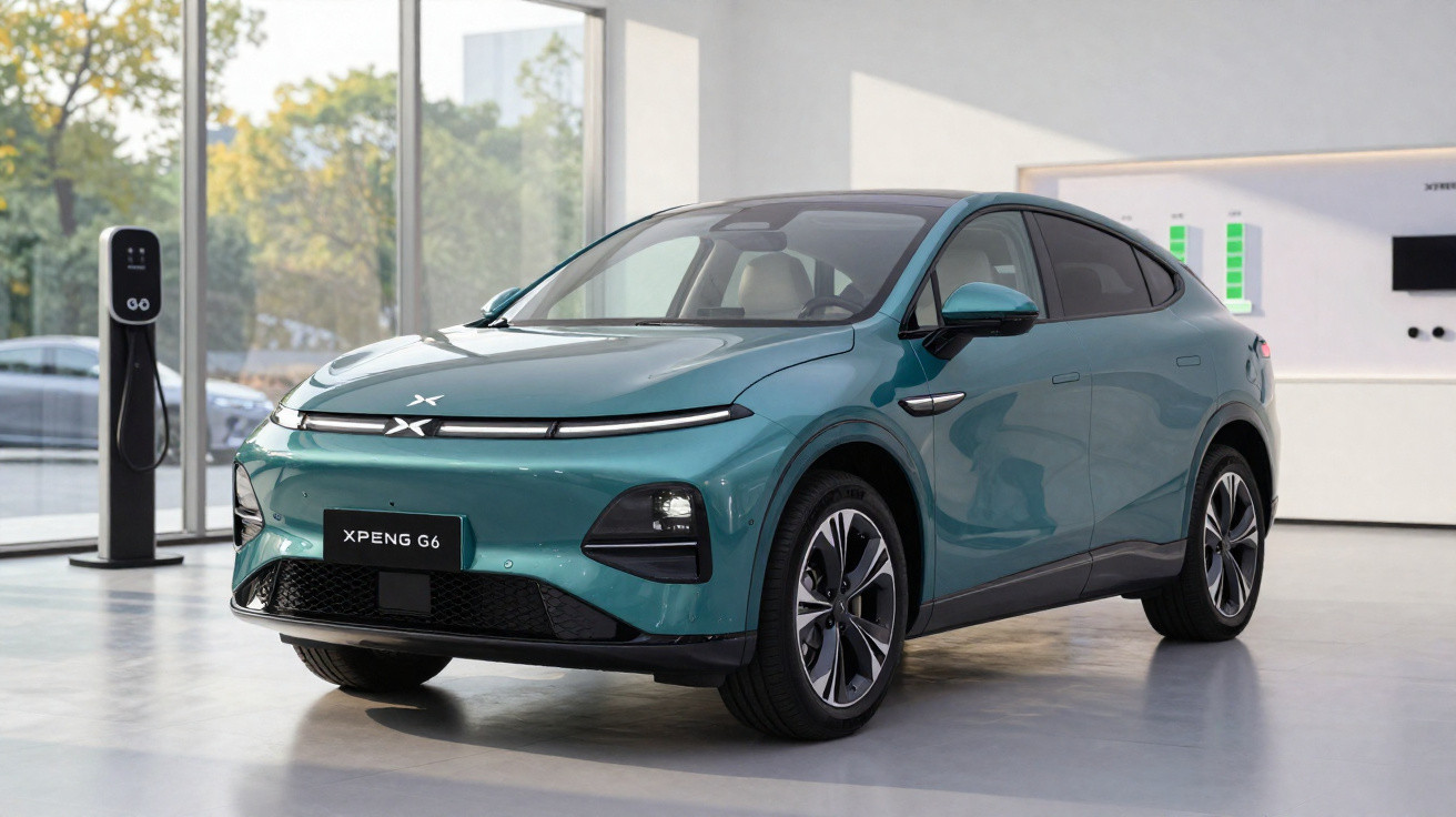 Carro elétrico verde Xpeng G6 estacionado em ambiente interno próximo a estação de carregamento.