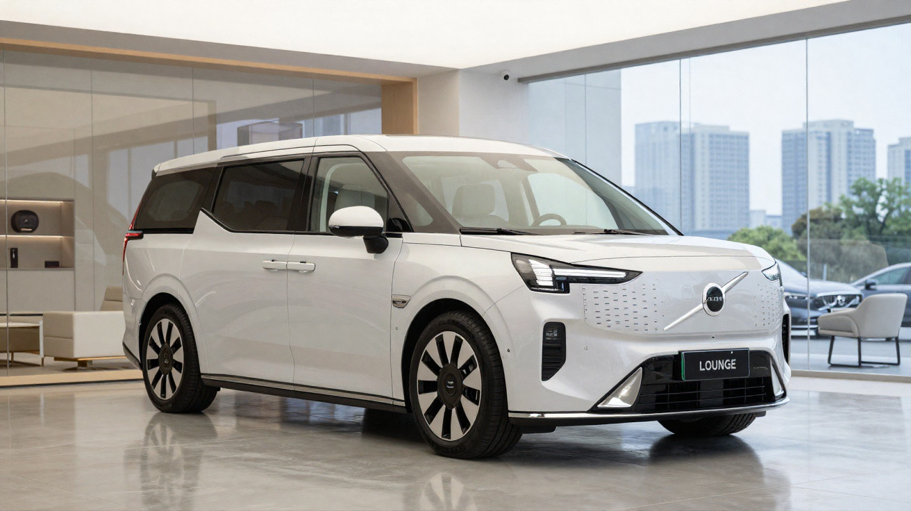 Minivan branca moderna Volvo Lounge estacionada em showroom com arquitetura contemporânea ao fundo.