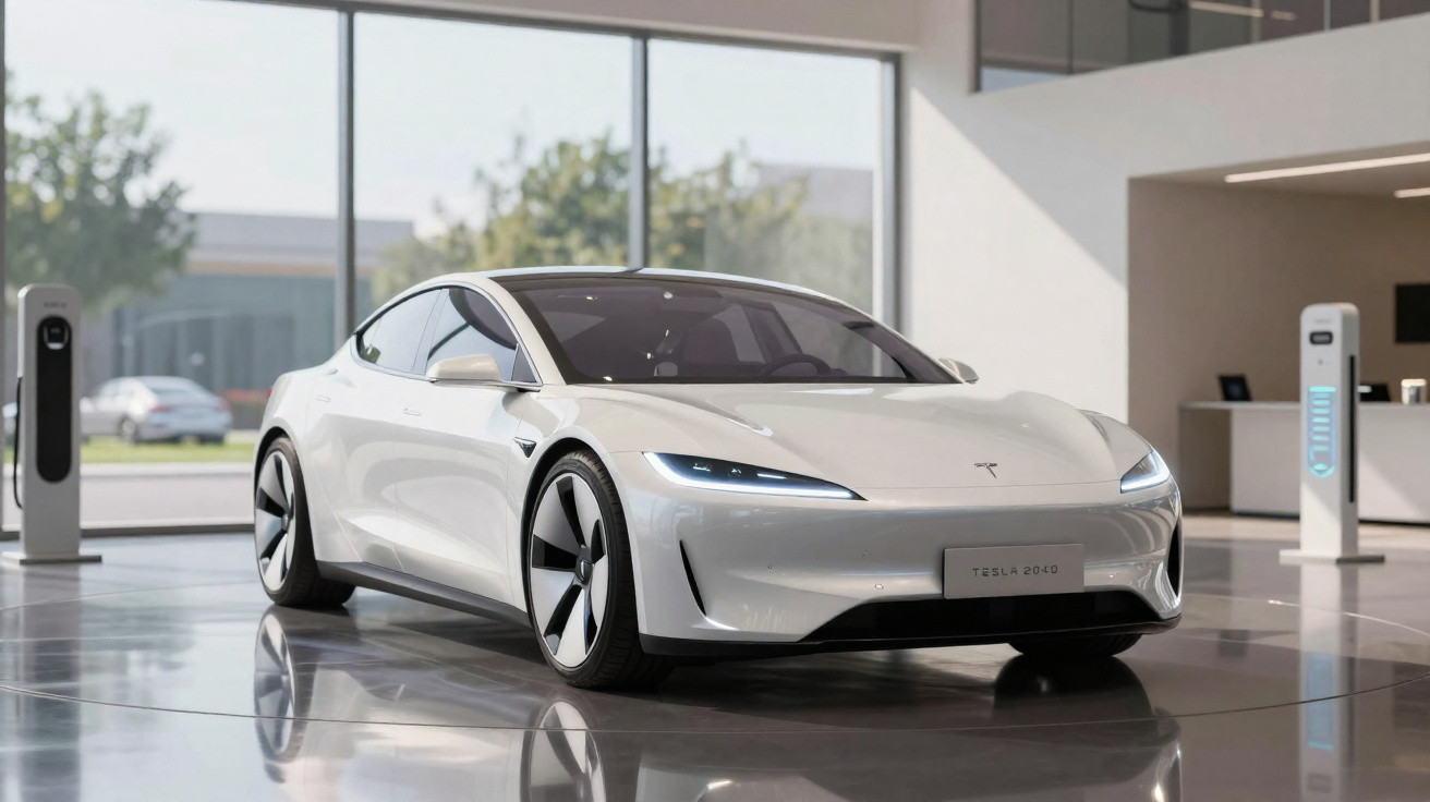Carro elétrico branco Tesla 2040 em showroom moderno com carregadores ao fundo.