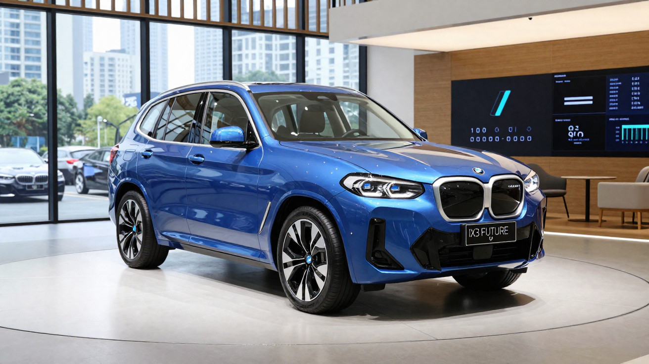SUV azul da BMW modelo iX3 Future exposto em showroom moderno com grandes janelas e vista urbana.