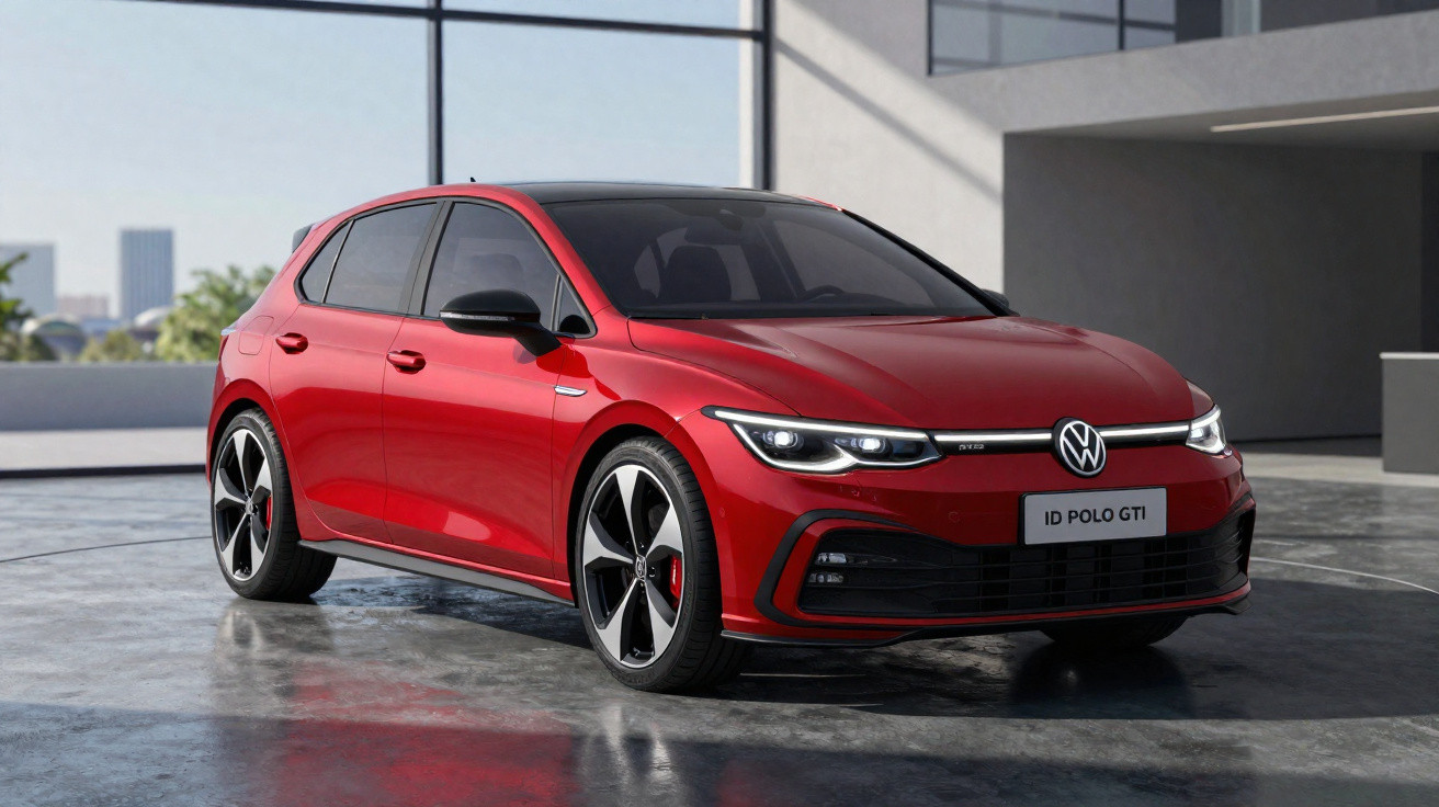 Carro vermelho Volkswagen ID Polo GTI estacionado em ambiente moderno com luz natural.