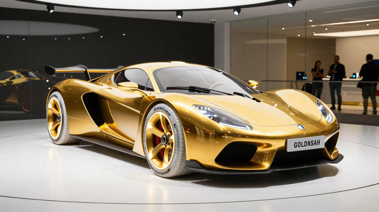 Carro esportivo dourado brilhante exibido em ambiente interno com pessoas ao fundo.