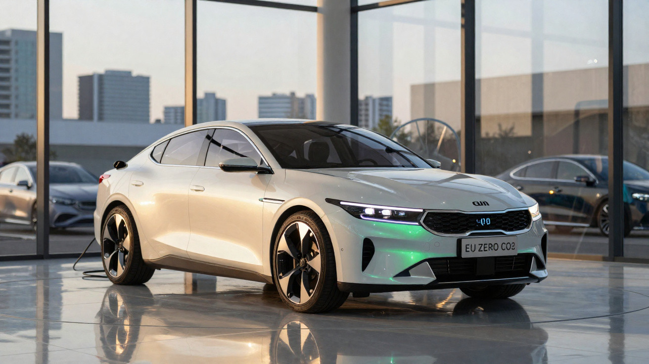 Carro elétrico branco estacionado em showroom moderno com placa “EU ZERO CO2” e luzes acesas.