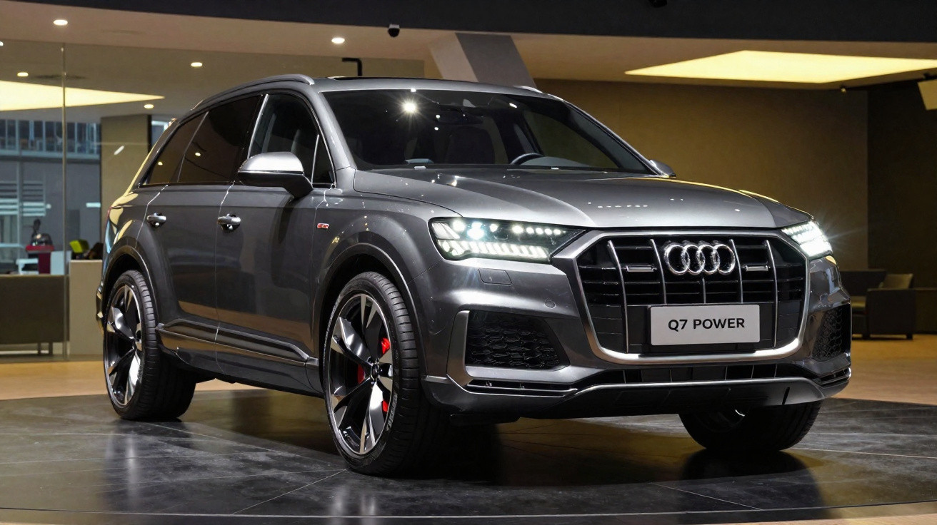 SUV Audi Q7 Power cinza escuro em ambiente interno com luzes acesas e rodas grandes esportivas