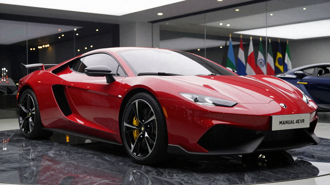 Carro esportivo vermelho em exposição, com rodas pretas e freios amarelos, ao lado de uma parede com bandeiras.