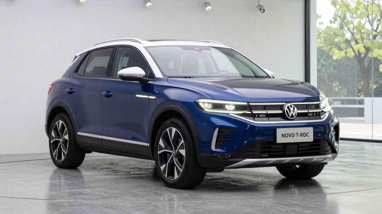 Carro SUV Volkswagen Novo T-Roc azul em exibição em ambiente interno com piso cinza.