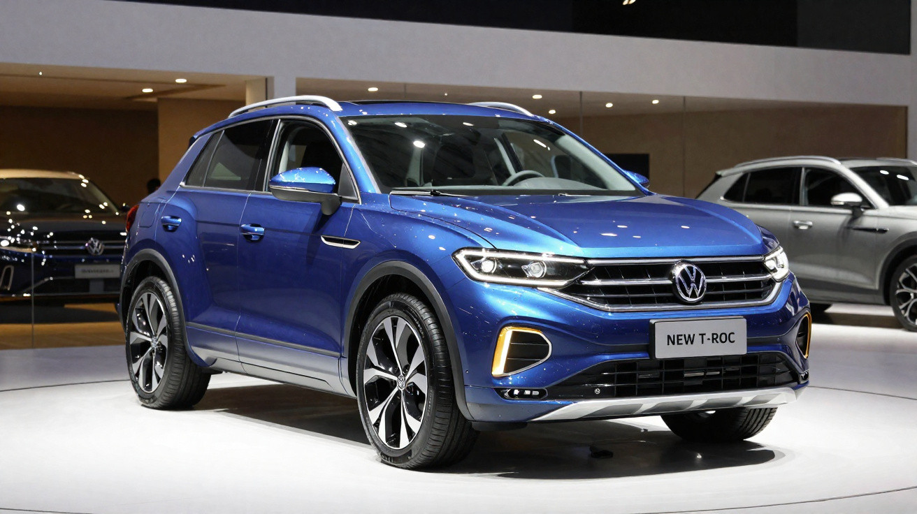 Carro SUV Volkswagen T-Roc azul exposto em salão automotivo com iluminação brilhante.