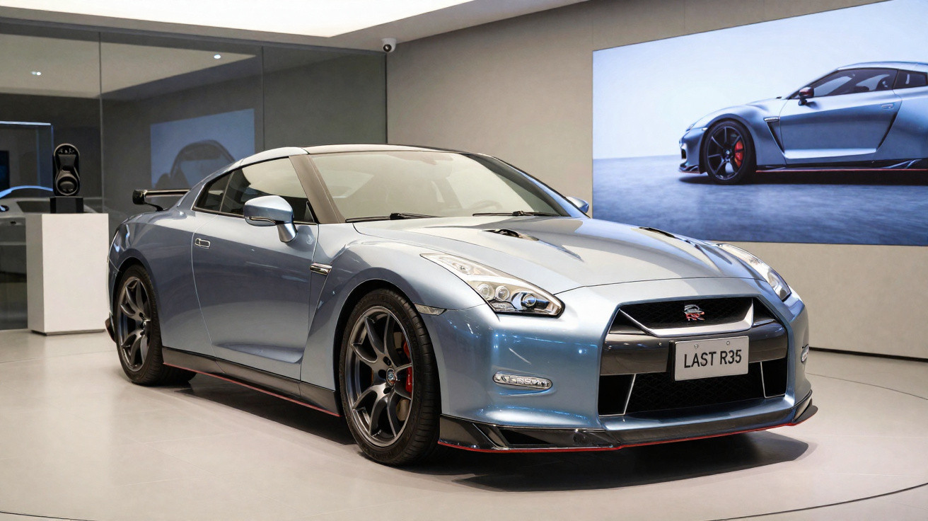 Carro esportivo Nissan GT-R R35 azul metálico exibido em ambiente interno moderno e iluminado.