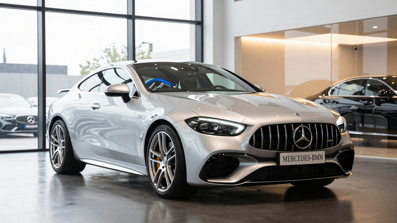 Carro esportivo prata Mercedes-Benz estacionado em showroom com janelas grandes e iluminação interna.