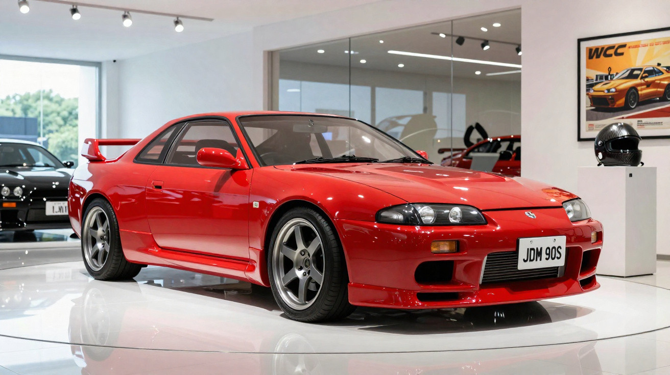 Carro esportivo vermelho Nissan Skyline R33 exposto em showroom moderno e iluminado.