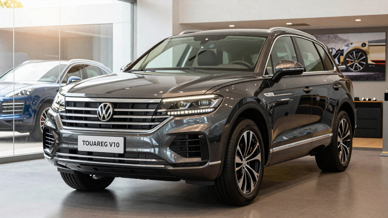 SUV Volkswagen Touareg V10 cinza estacionado em showroom moderno com iluminação natural.