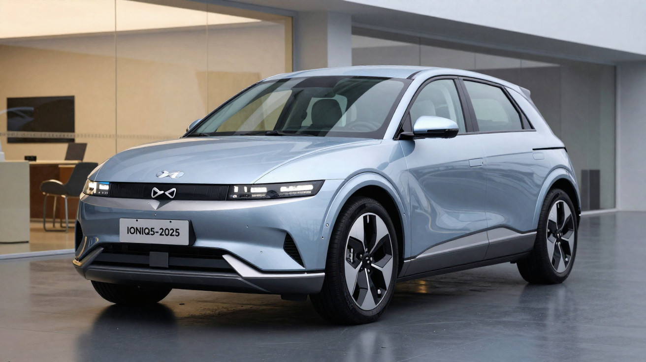Carro elétrico compacto prata estacionado em garagem moderna, modelo IONIQ 5 2025.