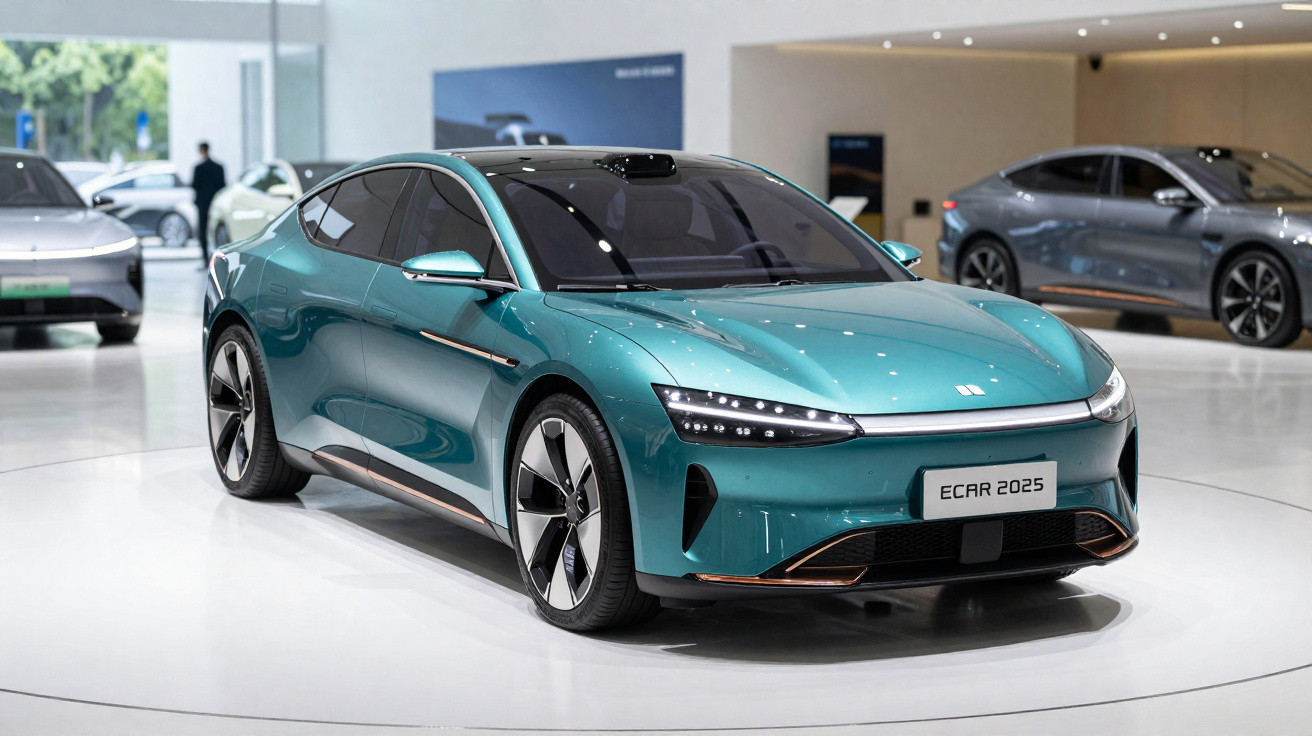Carro elétrico sedã verde exibido em estande de salão automotivo com design moderno e aerodinâmico.