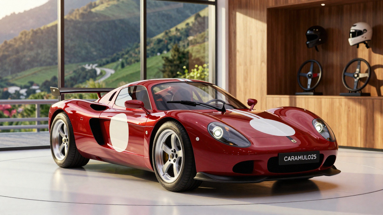 Carro esportivo vermelho com círculos brancos em exposição dentro de vitrine com vista para montanhas.