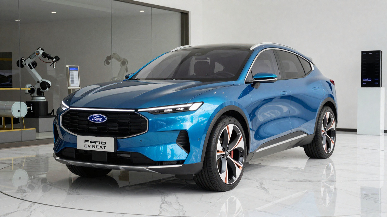 Carro elétrico azul Ford EV Next em showroom moderno com piso branco e parede de vidro.