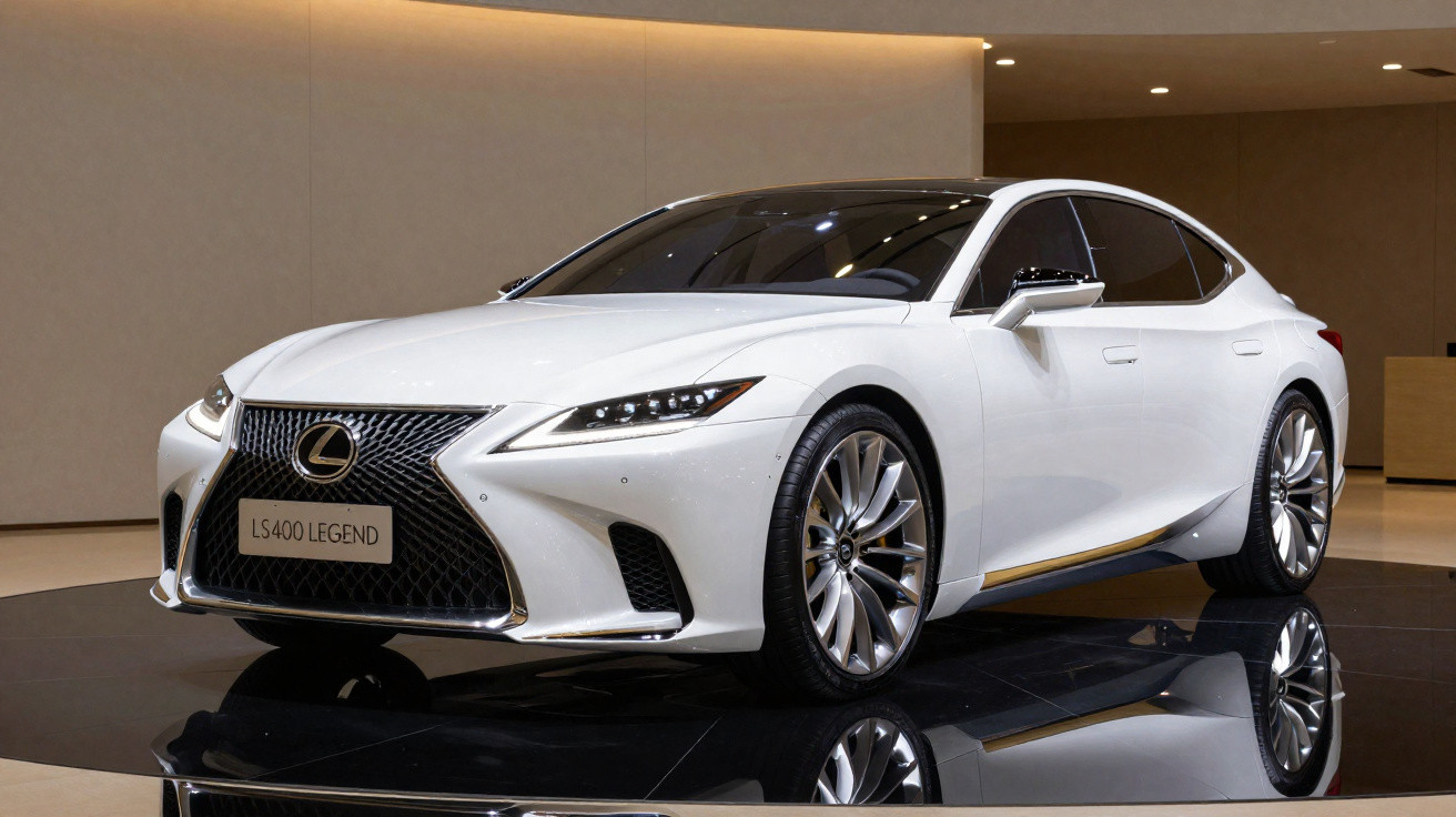 Carro branco Lexus LS 400 Legend em exposição interna com acabamento moderno e elegante.