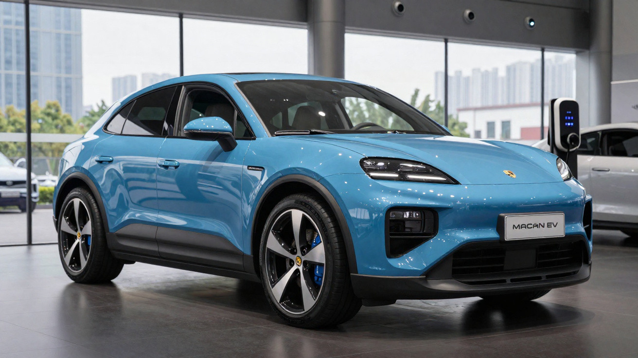 Carro elétrico SUV Porsche Macan EV azul exibido em showroom moderno com parede de vidro ao fundo.