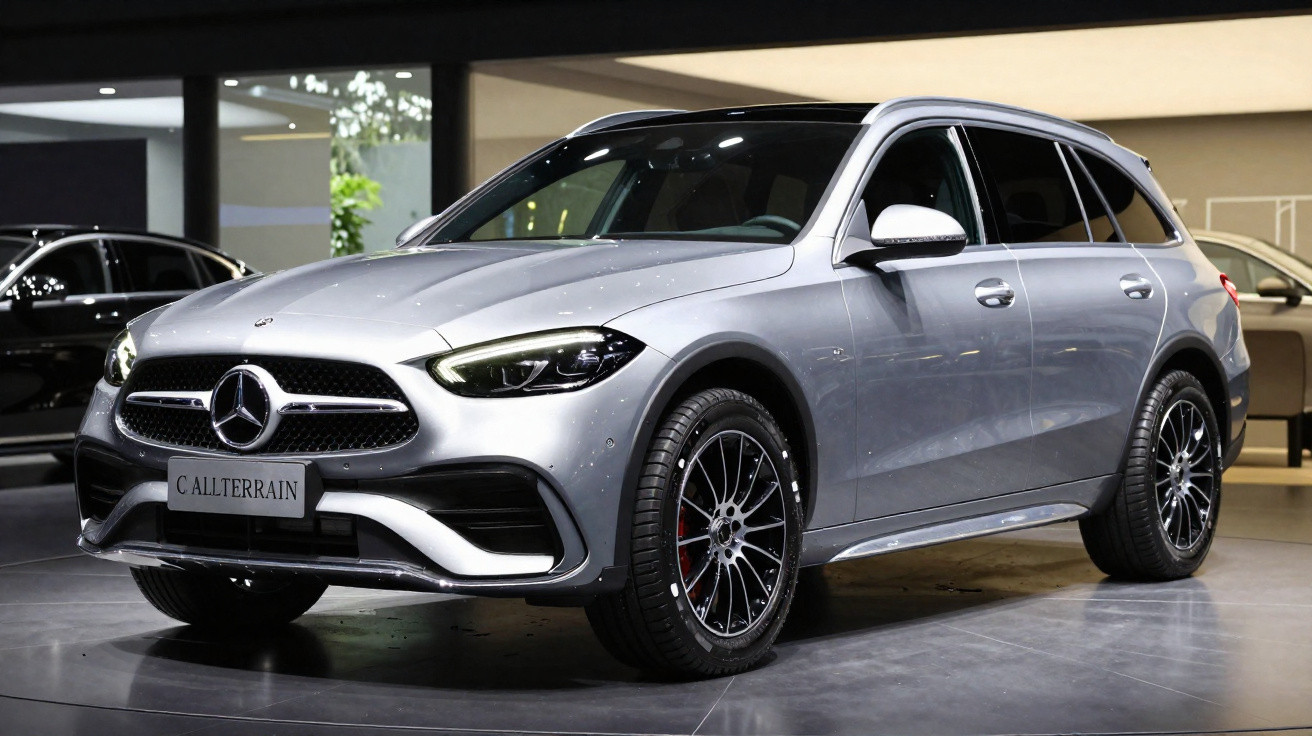 Carro Mercedes-Benz C AllTerrain prata estacionado em ambiente interno, com rodas esportivas e janelas escurecidas.