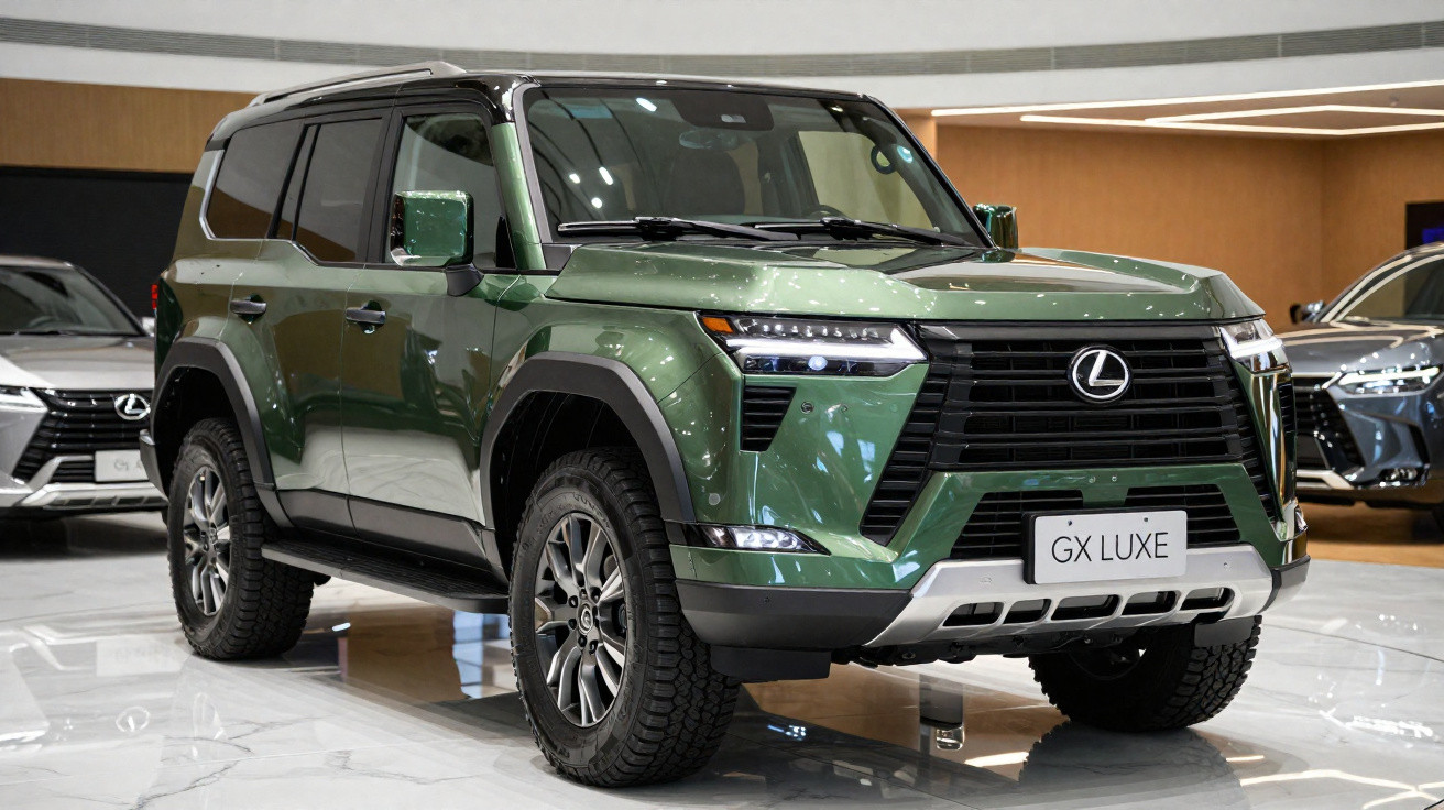 SUV Lexus GX Luxe verde exibido em showroom moderno.