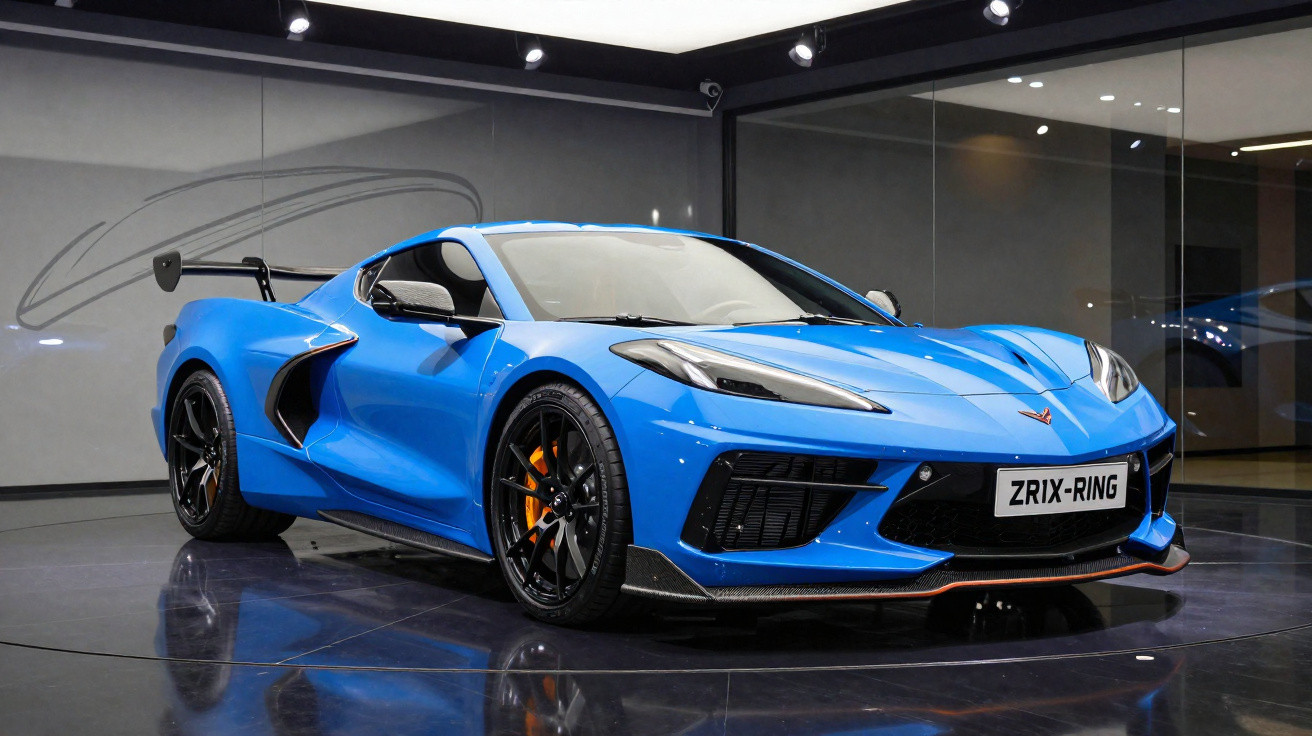 Carro esportivo azul em exposição com teto removível e aerofólio traseiro preto.