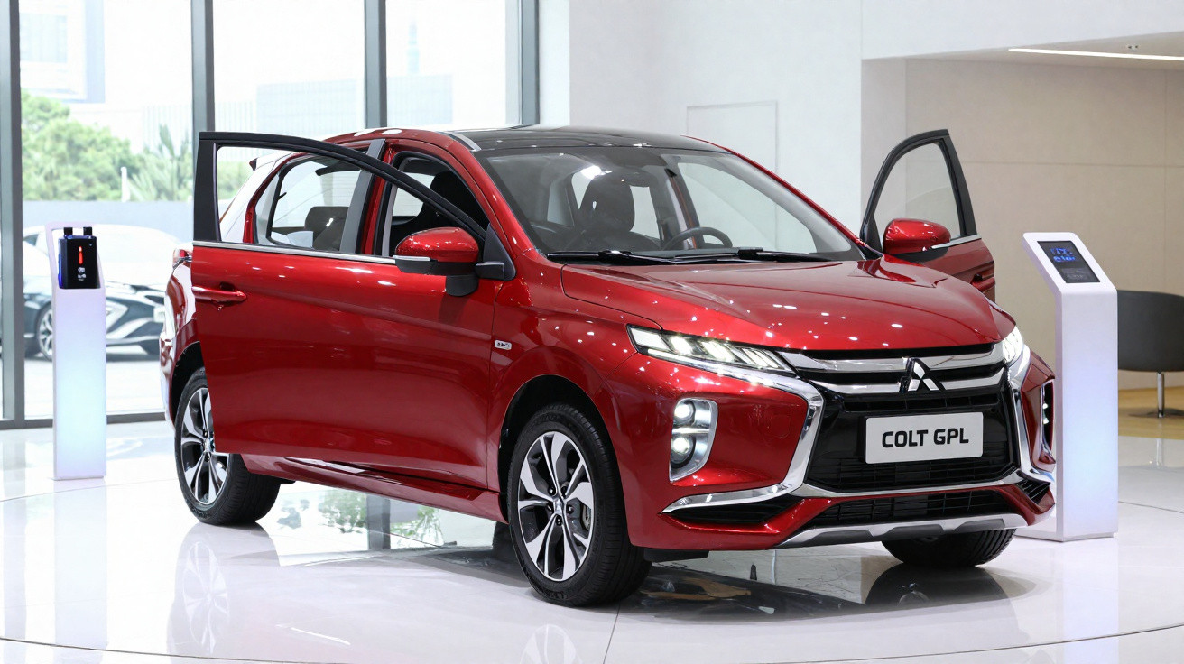 Carro vermelho Mitsubishi Colt GPL com portas dianteiras abertas exposto em showroom moderno.