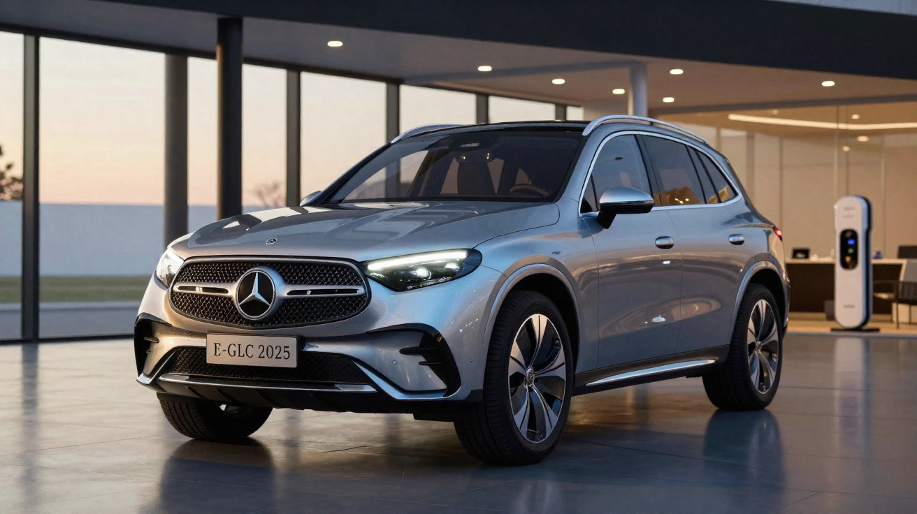 Carro SUV Mercedes-Benz E-GLC 2025 cinza estacionado em ambiente moderno com iluminação interna.