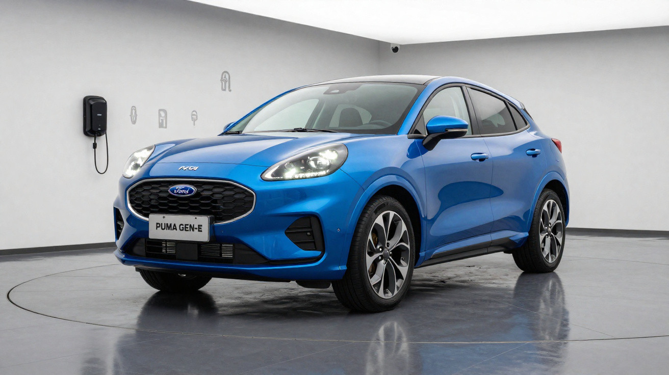 Carro elétrico Ford Puma Gen-E azul em ambiente interno com carregador na parede ao fundo.