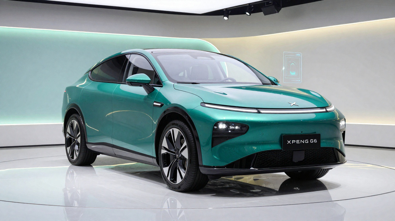 Carro elétrico XPeng G6 verde exibido em plataforma com iluminação moderna branca e verde.
