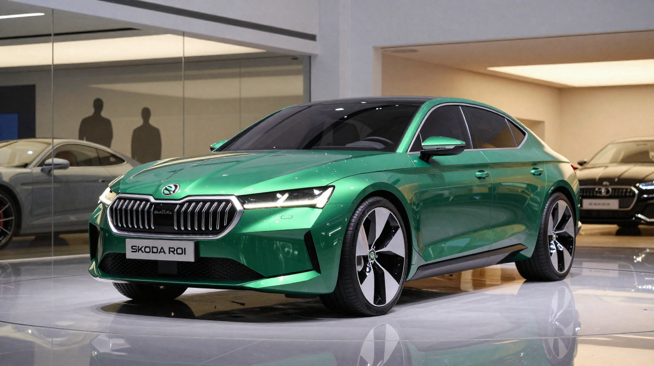 Carro Skoda ROI verde metálico exibido em showroom moderno com piso refletivo e outros veículos ao fundo.