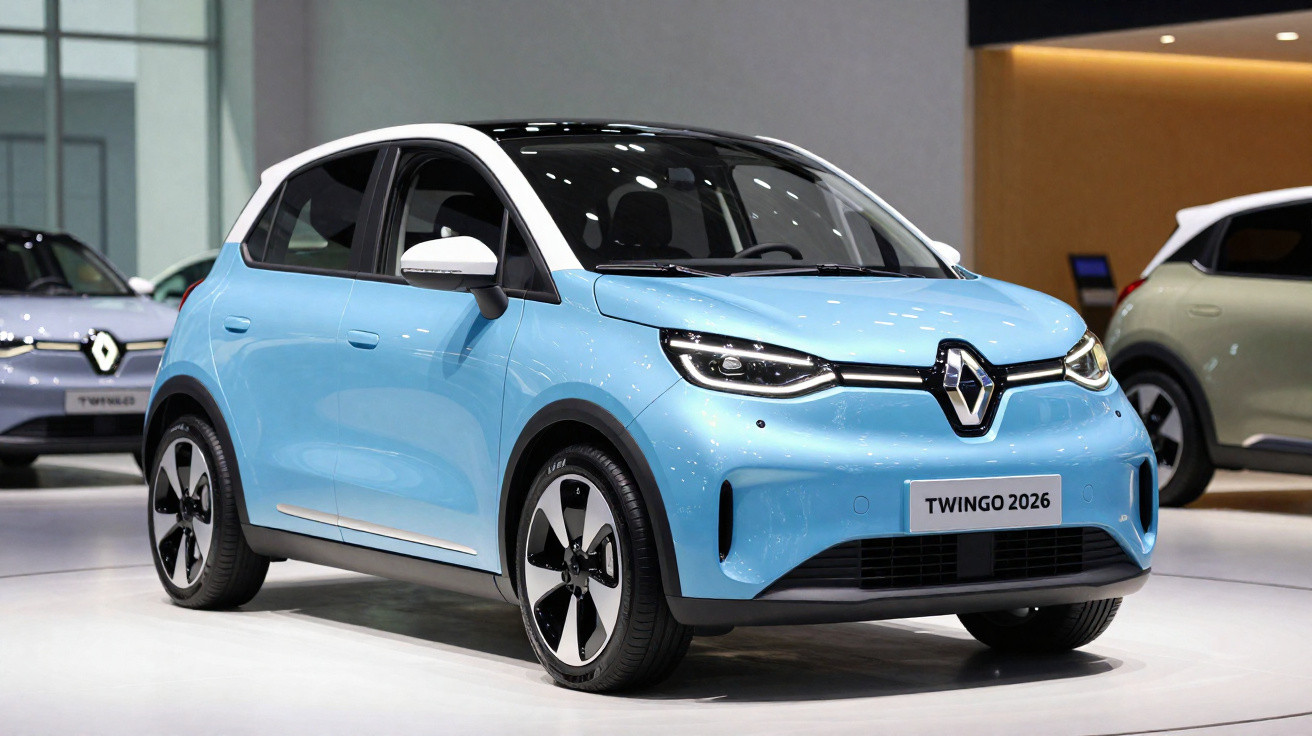 Carro compacto Renault Twingo 2026 azul claro com teto branco em exposição interna.