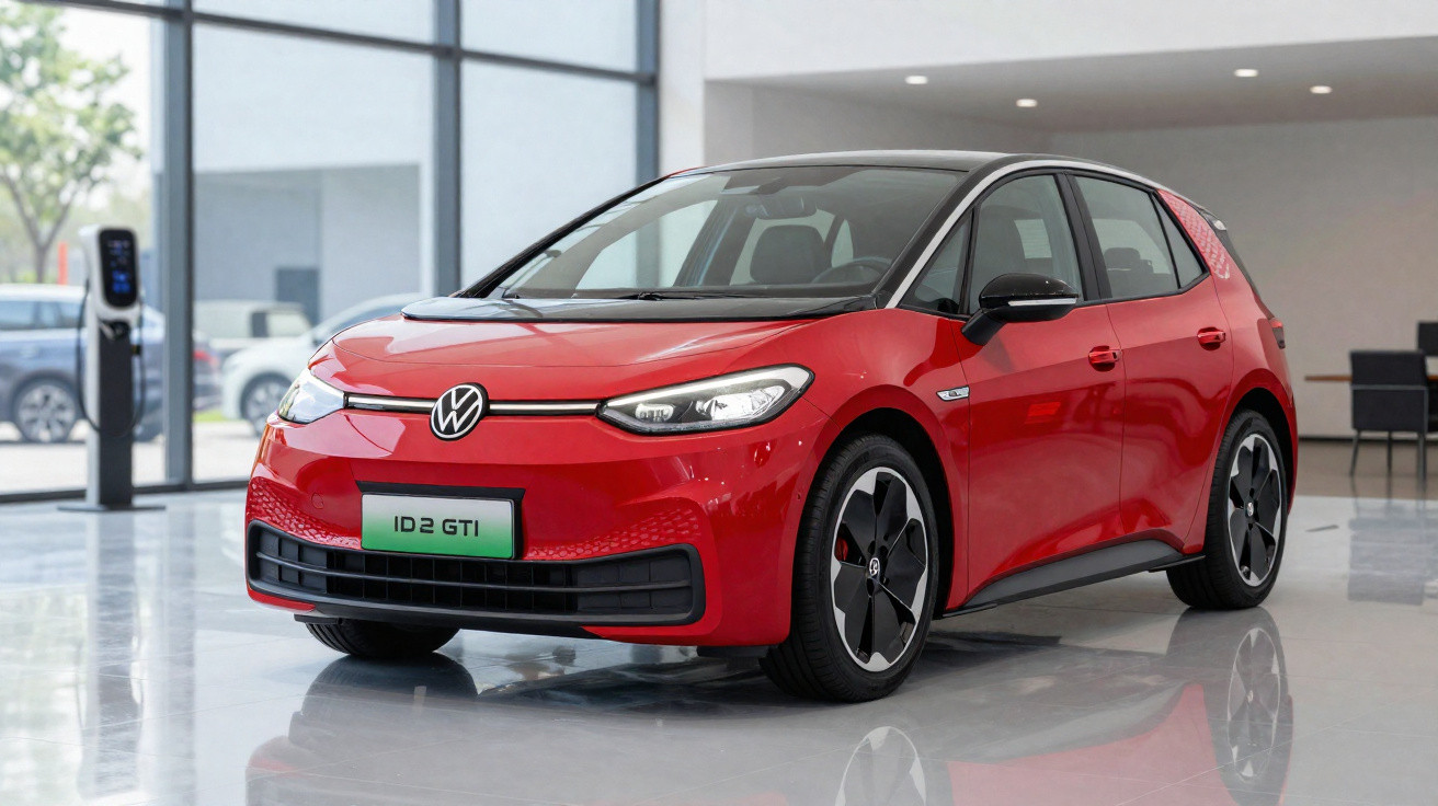 Carro elétrico vermelho Volkswagen ID.2 GTI estacionado em ambiente interno moderno.