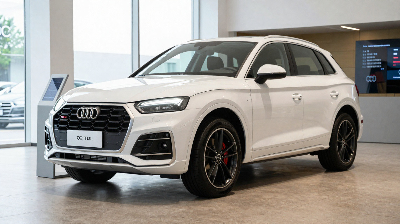 Audi Q2 TDI branco exibido em showroom com rodas pretas e freios vermelhos.
