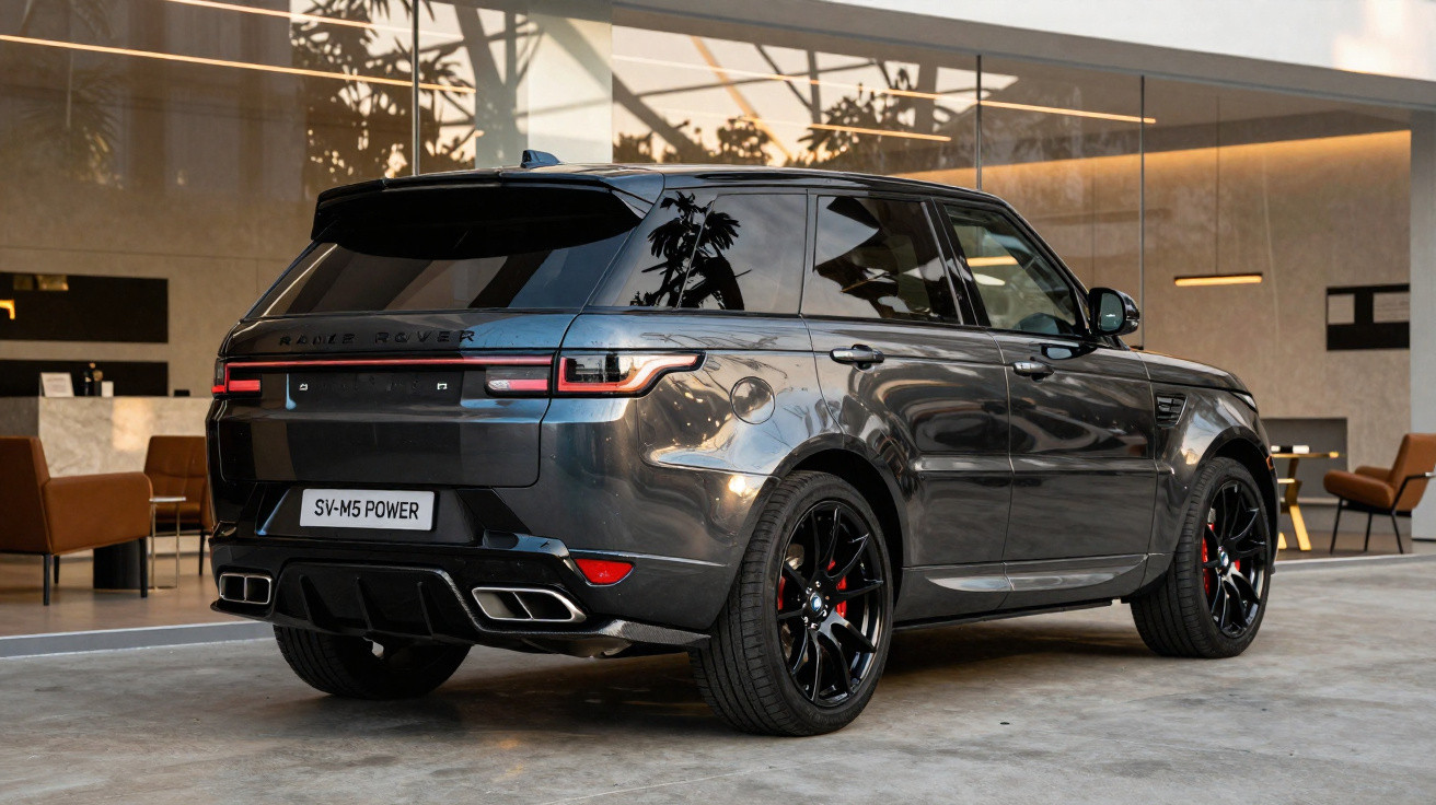 SUV Range Rover cinza escuro estacionado em ambiente moderno e interno.