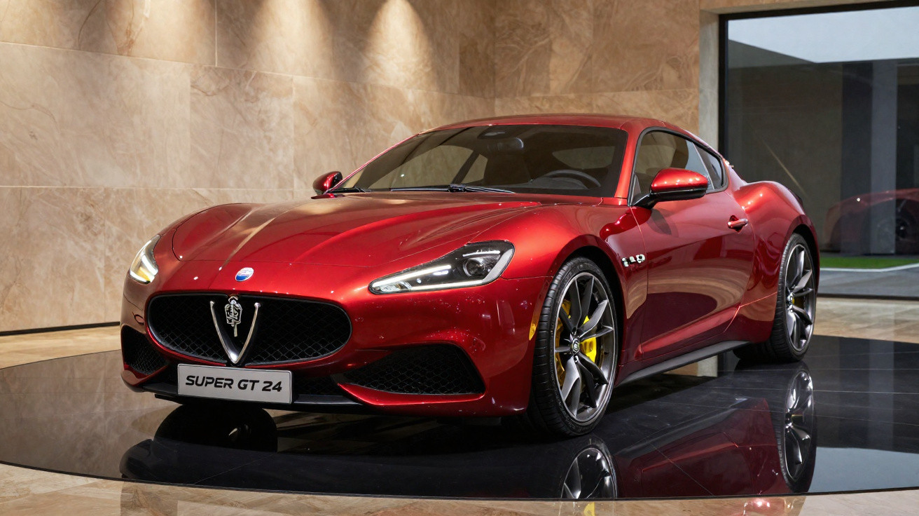 Carro esportivo vermelho Super GT 24 em exposição elegante com iluminação suave e base preta brilhante.