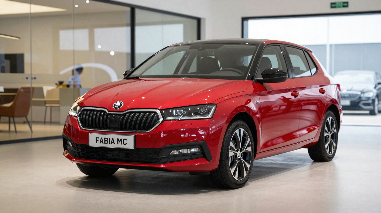 Carro vermelho Škoda Fabia MC 2024 em exibição dentro de showroom moderno e iluminado.
