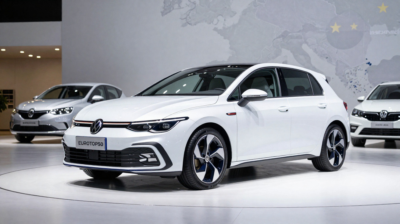 Carro hatchback branco Volkswagen exibido em estande de evento automotivo, com outros modelos ao fundo.