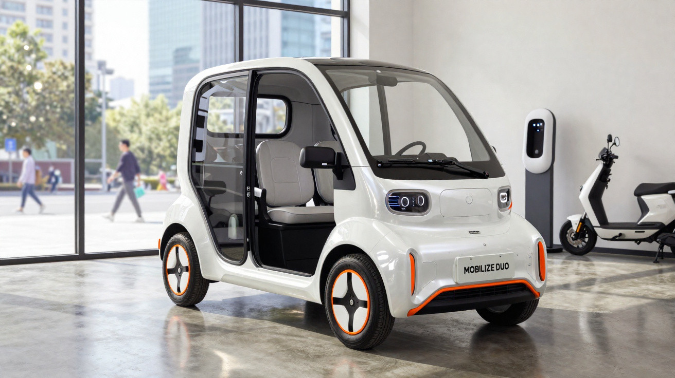 Veículo elétrico compacto branco com portas de vidro exposto em ambiente interno moderno.
